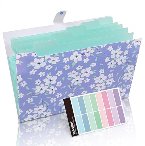 KONVINIT Cartella portadocumenti espandibile formato A4 Portatile Plastica con 6 Tasche Motivo Floreale Organizer per Documenti con Chiusura Tramite Bottone a Scatto,lilla