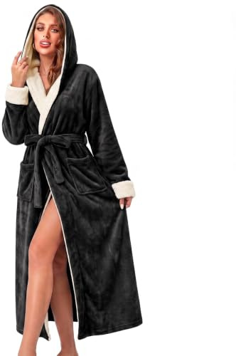 RONGTAI Womens Plush Fleece Hooded Bathrobe Thick Nightgown Long Robe Sleepwear with Two Side Pockets and Belt