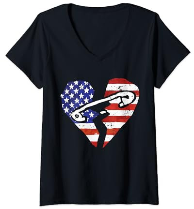 Damen Sicherheitsnadel mit Aufschrift Divided America – Broken Heart Flagge, Vintage-Stil T-Shirt mit V-Ausschnitt