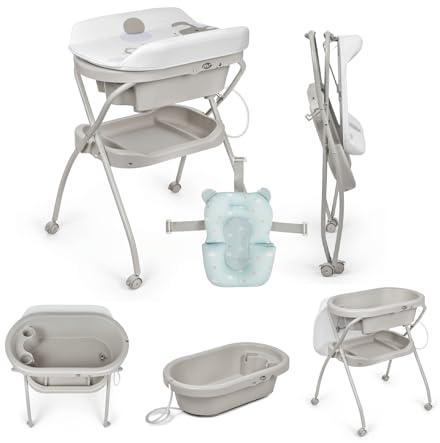 MS BabyWorld – BUBBLE + COJÍN REDUCTOR – Bañera Ergonómica para Bebé con Patas | Cambiador Impermeable Acolchado | Cierre Compacto | Organizador | 4 Ruedas con Frenos
