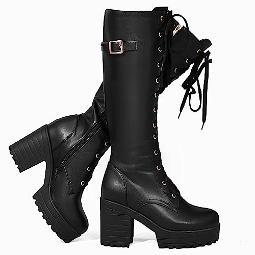 Voviggiw Stivali da donna alla moda con plateau al ginocchio con lacci tacco grosso stivali da motociclista con fibbia e cerniera laterale, Nero , 37.5 EU