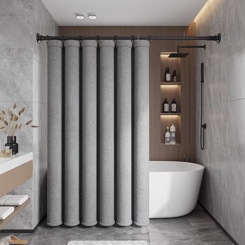 Calefee Duschvorhang 90x200 Grau, Vorhang Dusche Polyester Anti Schimmel Wasserdicht Leinenoptik Grau, Duschvorhang mit Ösen und Haken