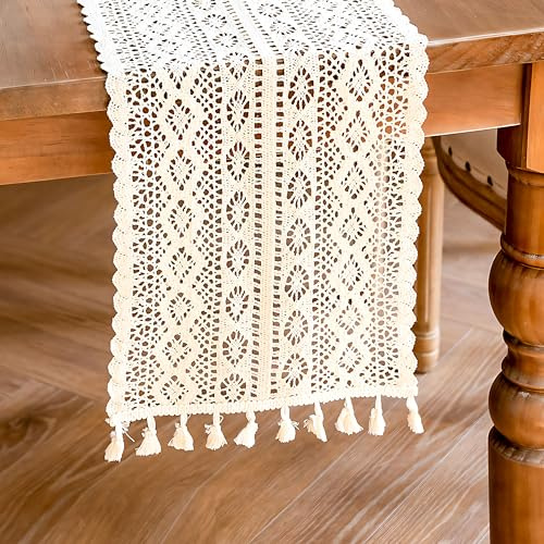 MIHURO Table Runner 24x180cm Boho Beige Lace Cotton Blend Table Decor with Tassels for Weddings Parties Festivals Home