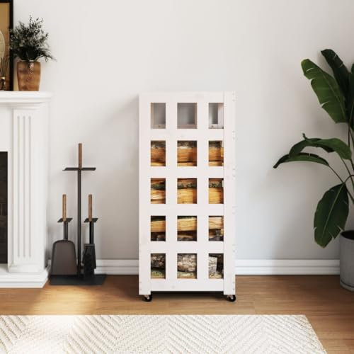 LLEZKBR Furniture select-Portalegna con ruote, bianco, 40 x 49 x 110 cm, in legno massello di pino