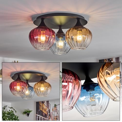 HOFSTEIN Deckenleuchte Cem, 3-flammige Deckenlampe aus Metall/Riffelglas in Schwarz/Rot/Blau/Gelb/Klar, Leuchte im Vintage-Design (Schirme Ø 18,5 cm), E27, Esszimmer, Wohnzimmer, Schlafzimmer, Küche