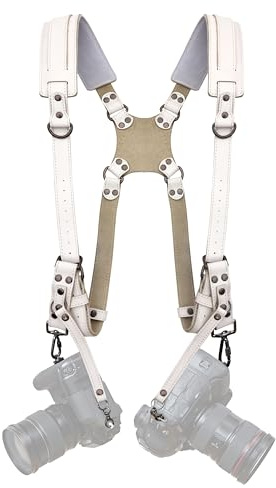 Padwa Lifestyle White Dual Camera Harness Strap for Two Cameras - Dual Shoulder Full Grain Leather Harness,Multi Double Camera Gear with Thick Padded,Double Camera Harness for Photographers