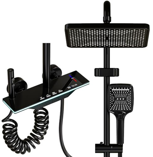 YJYAJIE Columna de Ducha 4 en 1 Negra con Pantalla LED, Botones Tipo Piano, Ducha de Lluvia Cuadrada XXL 31x20cm, Teleducha y Grifo para Bañera, Altura Ajustable 90-140cm
