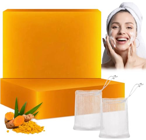 Kojisäure-Seife, Vitamin C Seifenstück, Kurkuma Seifenstück, Entferner dunkler Flecken für Gesicht und Körper, Feuchtigkeitsspendend Badeseife für Akne Mitesser Tiefenreinigung, mit Schaumnetz, 2x100g