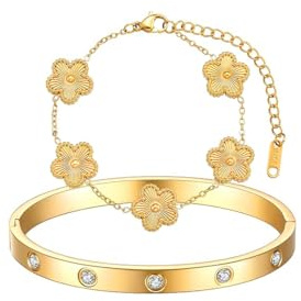 Gkaopi 2 Stück 18K Vergoldet Vierblättriges Kleeblatt Armband Gold Edelstahl Cubic Zirkonia Kleeblatt Armreif Schmuckset Verstellbare Glücksklee Schmuckset für Damen und Mädchen