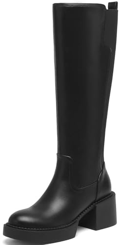 Women's Knee High Boots Chunky Block Heel Boots Stretch Calf Round Toe Side Zipper Platform Tall Boots Fall Comfort Long Boots Black 7.5