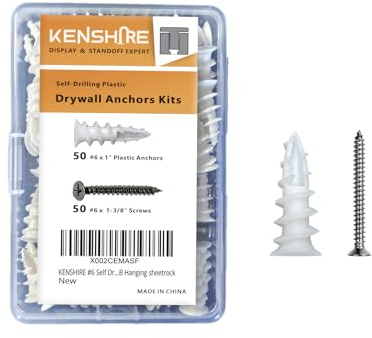 KENSHIRE #6 Self drilling drywall anchors and screws kit 50pcs Self-Tapping threaded Plastic Dry wall anchors 50pcs flat head stainless steel screws heavy Duty up-to 75LB Hanging sheetrock