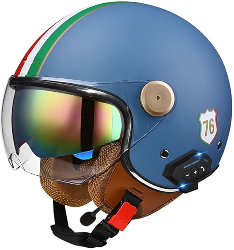 Bluetooth Casco Moto Aperto, Casco Moto Jet Con Doppia Visiera, DOT/ECE Omologato Demi-Jet Casco Da Moto, Moto Mezzo Casco Casco A Scodella Retrò Per Uomini E Donne Adulti 9,M=57-58CM