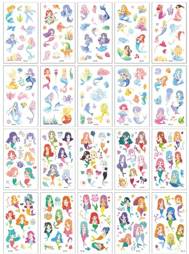 JUKOTA Tatuajes Temporales Niños,20 Hojas Pegatina de Tatuaje Sirena Resistente Agua para Niños Niñas,Tatuajes de Dibujos Animados,Regalos Infantiles para Fiestas Cumpleaños,Halloween,Navidad