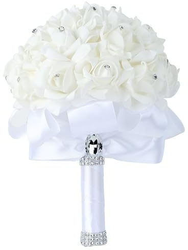 Heidouse Hochzeitsstrauß für Braut, 7x9in Elegantes weißes künstliches Schaumstoff Rosenbrautstrauß mit Kristallen Weiche Bänder für Hochzeitszeremonie und Jubiläumskunstblumen