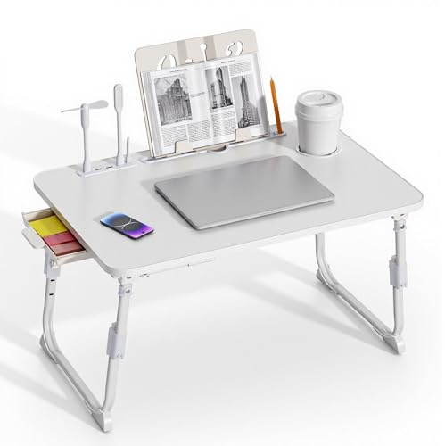 BTGGG Laptop Bed Table Height Adjustable, Upgraded Bed Desk with USB Charge Port & Side Drawer, Portable Lap Desk for Sofa with Tablet Slot & Cup Holder, Laptop Stand for Working Reading (White)