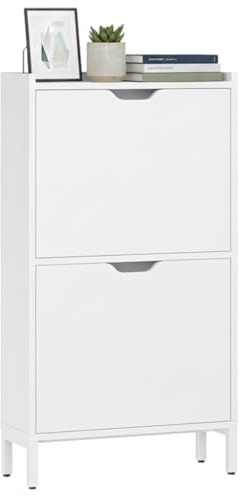 Bellamio Ceyhan Schuhschrank 2 Klappen, Weiß, schmal, platzsparend, Holz | Schuhkipper 50x19x90 cm, 2 geschlossene Fächer, Schuhregal, Flurschrank, Schuhkommode für Flur & Garderobe, Schuhaufbewahrung