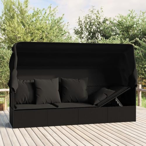 Frdhee Gartenstuhl Hochlehner Kippliege,Outdoor-Loungebett mit Dach und Kissen Schwarz Poly Rattan,Gartenliege für Balkon,Garten & Strand