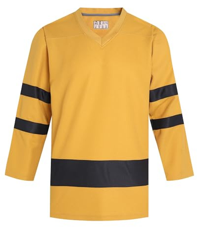 Pullonsy Blank Men's Ice Hockey Jerseys for Adult Unisex Authentic Team Game Shirts Long Sleeve Sports Fan Tops, Gold Jersey-black Stripe, Medium