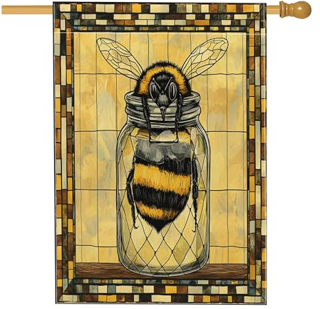 Drapeau de maison de bourdons printaniers 71,1 x 101,6 cm pour extérieur, bocal Mason Jar standard vertical en lin, drapeau de maison, insecte avant cour arrière-cour drapeau décoration extérieure