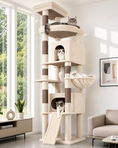 Globlazer F84B Kratzbaum XXL Große Beige 215cm für 3-5 Schwere Main Coon | Stabil Katzenbaum mit mit 2 Katzenhäuse, Plattforms, Kratzrampe Sisal, Korb, für Groß Katzen Ausruhen Spielen Kratzen Innen