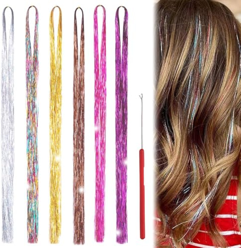YIPFEN Extension Capelli Glitterati, Ciocche di Capelli Colorate e Brillanti, Accessori per Treccine e Feste di San Valentino (6 Colori)