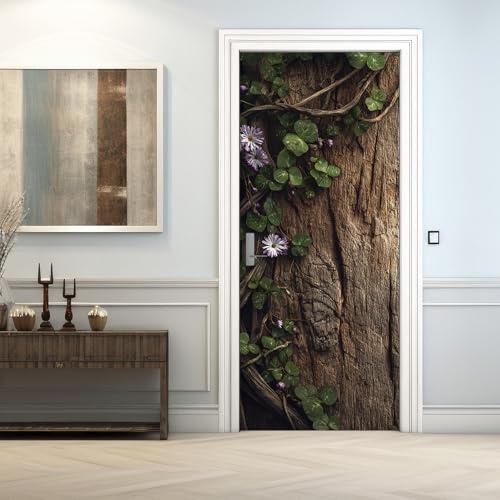 Holzoptik Türtapete Selbstklebend 70 x 200, Blätter Blumen Türbilder Türfolie Türposter Türaufkleber Selbstklebende PVC, Türdeko Holzoptik
