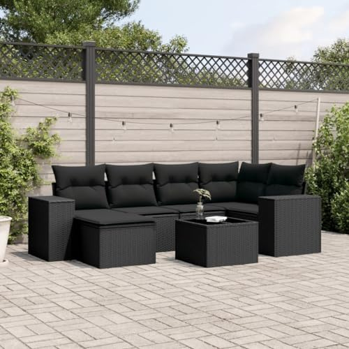 GeenYuu 7-TLG. Garten-Sofagarnitur aus schwarzem Poly Rattan mit Kissen, wetterfestes Lounge-Set für Balkon, Terrasse und Garten, inkl. Tisch, Hocker, Stauraum, pflegeleicht und modular
