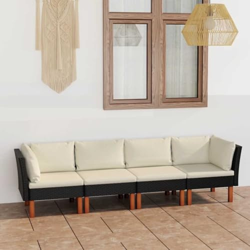 HGBNMER 4-Sitzer Gartensofa mit Kissen Schwarz, PE Rattan Lounge-Sofa mit pulverbeschichtetem Stahlrahmen und Eukalyptusholzbeinen, dick gepolsterte Sitzkissen mit abnehmbarem