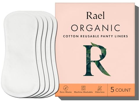 Rael Reusable Panty Liners Menstrual, Organic Cotton Cover, Period Essential, Cloth Pantyliner for Women, Washable, Soft and Thin, Leak-Free, Washing Machine Safe (5 Count, White)