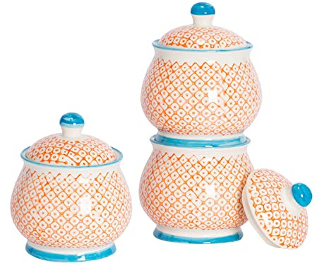Nicola Spring Patterned Sugar Bowls with Lids - Orange - Pack of 3 | Stoneware Hand Printed Sugar Pot China Kitchen Salt Jar Seasoning Spice Storage Container