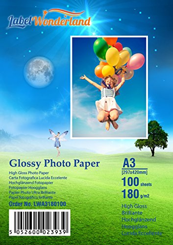 100 Sheets 180 GSM Premium Glossy A3 Photographic Paper (297 mm x 420 mm), A3 Picture Printer Paper for Inkjet Printers Labelwonderland (A3-100 Sheets)