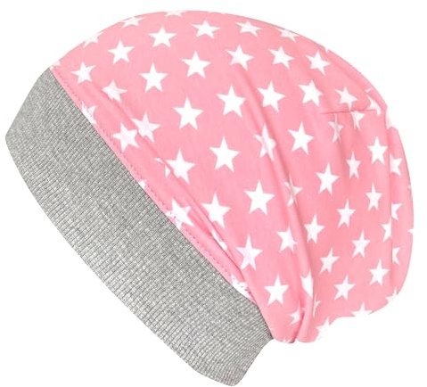 Wollhuhn ÖKO Leichte Mädchen/Jungen Beanie-Mütze Bündchen Elastisch Übergangszeit/Sommer Kinder-Mütze Baumwolle (Öko-Stoffe, Bio) 22222235 (Ministernchen Rosa/Weiß, XS)