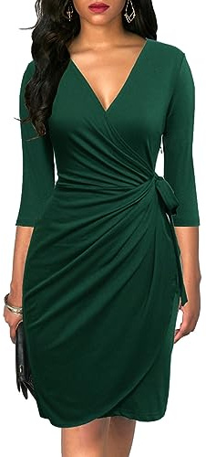 Berydress Women's Classic 3/4 Sleeve V Neck Sheath Casual Party Work Faux Black Wrap Dress (M, 6083-Dark Green)