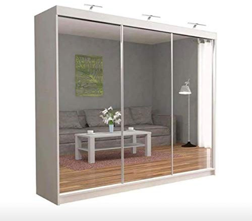 Modern Double Mirror sliding door wardrobe with LED Light Width 100cm/120cm/150cm/180cm/203cm/250cm (250, White)