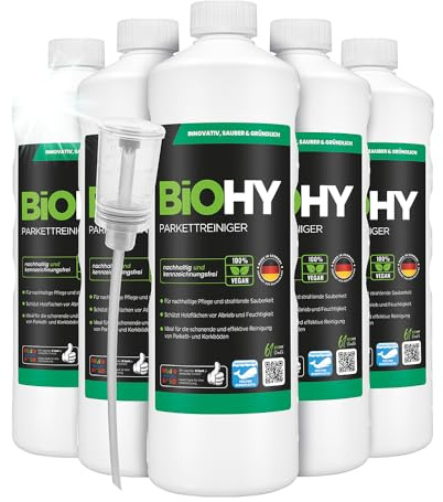 BiOHY Parkettreiniger (6 x 1 Liter) + Dosierer | Konzentrat für versiegeltes & geöltes Parkett | materialschonend & schmutzlösend | für eine streifenfreie Reinigung | 2 in 1 Pflege & Reinigungsmittel