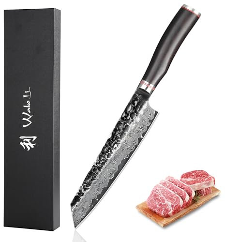 Wakoli EBO Damast Kiritsuke Fleischmesser | 20 cm Klinge aus 67 Lagen Damaststahl mit VG10-Kern | schwarzer Eichenholzgriff | für Fleisch, Fisch & Sushi | in Geschenkbox für Profi- & Hobbyköche