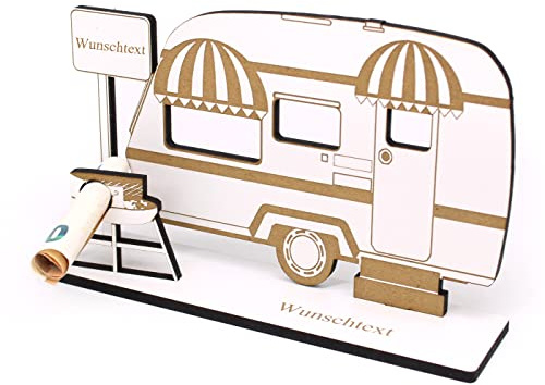 Geldgeschenk Wohnwagen mit Wunschtext - Schild für Geld Gutschein Urlaub ca. 20 x 13 cm