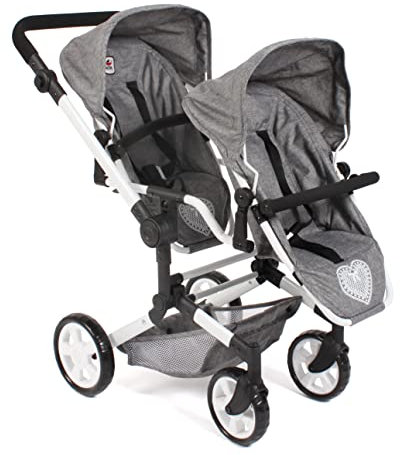 Bayer Chic 2000 - Puppenwagen Linus Duo, Zwillingspuppenwagen für Kinder von 4 bis 8 Jahren, Jeans grau, 690-76, 82x41.5x79 cm