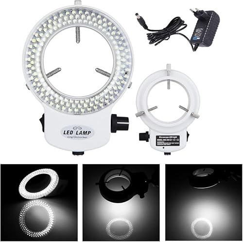 Tiamu LED Mikroskop Ringlicht, Optische Stereomikroskop Ringleuchte mit 144 Perlen, LED Kamera Ring Microscope, Helligkeit 0-100% einstellbar, Ringlampe Illuminator für Stereomikroskop (EU Plug)