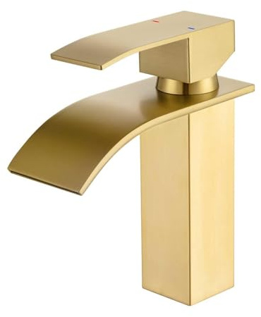 ONECE Grifo Lavabo en Cascada Oro, Grifería de Baño Monomando, Mezclador de Acero Inoxidable 304, Diseño Elegante, Función Frío y Caliente, Superficie Antihuellas