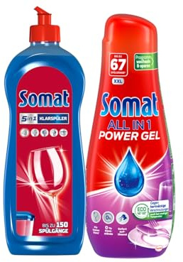 Somat All in 1 Power Gel (67 Spülgänge) für Eco-Programm & Somat Klarspüler verleiht Gläsern und Geschirr Extra-Glanz 750 ml (1er Pack)