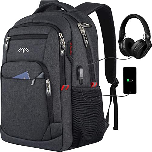 Ryggsäck herr skolryggsäck, för 15,6 tums laptop ryggsäck arbete vattentät business dagryggsäckar pojkar tonåringar med USB-laddningsport 35 l, Svart 2, 17,3 Zoll, Avslappnad