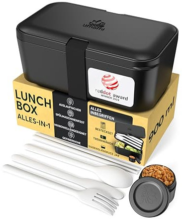 Umami Lunchbox Erwachsene, Verschachtelbar Auslaufsichere Bento Box mit 4 Bestecke & Fächern, Brotdose Erwachsene, Salatbehälter To-Go, Lunch Box für Picknick/Büro, Onyx Schwarz, 900 ml
