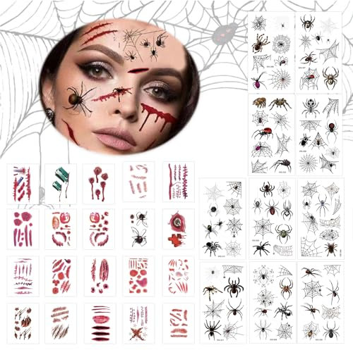 ARONRAVE Halloween Tattoos Aufkleber - 10 Schwarz Spinnen + 20 Temporäre Tattoos für Gesicht, Karneval, Mottoparty, Maskerade (10+20)