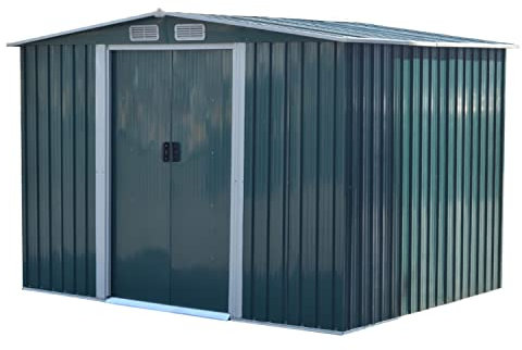 Garden Storage Shed Metal 6 x 8 FT Outdoor with Base 4 Vents Lockable Sliding Doors Sloped Apex Roof for Patio Backyard Bike Tool All-Weather (Green)