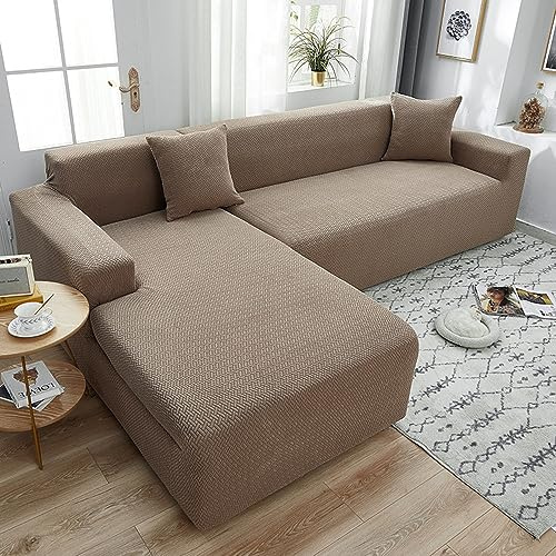 OKJK Sofabezug l Form, Jacquard Stretch Sofabezug, verdickter weicher und bequemer Stoff, Sofaschoner rutschfest für Wohnzimmer, staubdicht, Maschinen waschbar (Light Coffee,2-Seater 145-185cm)