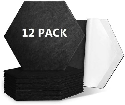 12 Packs Self-Adhesive Acoustic Foam Panels,12 X 10 X 0.4 Hexagon Soundproofing Acoustic Wall Panels High Density Sound Absorbing Acoustic Panels Soundproof Foam Panels for Studio,Home,Office,Black