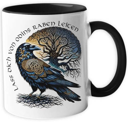 Wikinger Tasse mit Spruch | lass dich leiten | Keramik Kaffeetasse | Odins Raben | Yggdrasil | Metbecher 330 ml