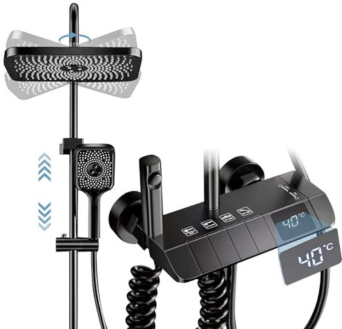 Thermostatic Mixer Shower System, 4 Piano Keys Wall Mount Exposed Shower System with Digital Temperature Display, Square Rainfall Shower Head, Handheld Faucet, Bidet Spray, Tub Spout Kit (Black)