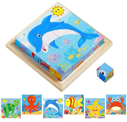 TYFYH Puzzle di Legno, Puzzle in Legno per Bambini, 3D Cubo Puzzle Giochi 6 in 1 Motivi Animali Puzzle in Legno, Giochi per bambini Montessori da 1 2 3 Anni, Regalo di Compleanno per Ragazzi e Ragazze